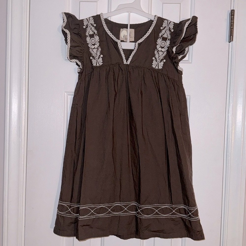 Peek Brown Dress with off white embroidery, Size Medium 6/7 100% Cotton